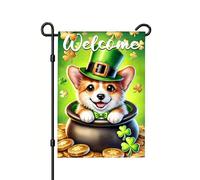 Drapeaux De Maison Adorable Petit Corgi Coiffé D'Un Chapeau De Lutin Et Portant Un Nœud Papillon Vert, Assis Dans Un Pot D'Or. Drapeaux Double Face Éclatantes 30X45Cm Drapeau De Jardin