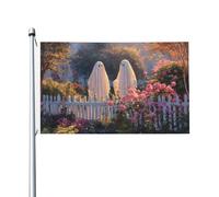 Drapeaux de maison avec deux fantômes dans le jardin, 9 x 152 cm, bannière de vœux avec œillets, décoration d'intérieur ou d'extérieur