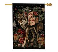 Drapeaux de maison avec loup Merry Christmas - 71,1 x 101,6 cm - Pour l'extérieur - Vintage - Amusant - Animaux de Noël verticaux standard - Drapeaux de maison en lin - Décoration extérieure imprimée