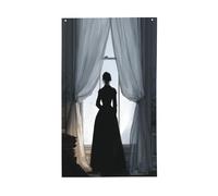 Drapeaux de maison avec robe noire « Woman Standing By The Window Yard House » - 91 x 152 cm - Avec œillets - Décoration d'intérieur ou d'extérieur