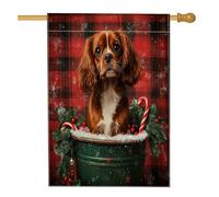 Drapeaux de maison cavalier King Charles de Noël 71,1 x 101,6 cm double face pour extérieur, ferme de Noël en lin à carreaux verticaux pour la maison, drapeau imprimé chien avant cour arrière-cour