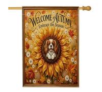 Drapeaux de maison Cavalier King Charles Spaniel 71 x 101,6 cm double face pour extérieur, tournesol d'automne feuille d'érable vertical standard en toile pour maison, drapeau imprimé cool avant cour