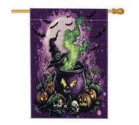 Drapeaux de maison chaudron de sorcière d'Halloween 71 x 101,6 cm double face pour extérieur, vintage esthétique, citrouille effrayante en lin vertical, drapeau imprimé chauve-souris d'horreur avant