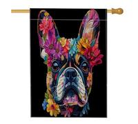 Drapeaux de maison de bouledogue français de printemps 71 x 101,6 cm double face pour l'extérieur, art floral en lin noir, drapeau vertical pour maison, animaux de compagnie, avant cour