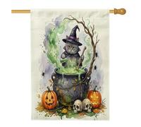 Drapeaux de maison de chats britanniques à poil court d'Halloween 71,1 x 101,6 cm double face, sorcière de vacances standard en toile de jute pour maison, pelouse, jardin, porche, drapeaux d'extérieur