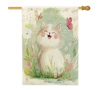 Drapeaux de maison de chats persans de printemps 71,1 x 101,6 cm double face, fleurs de dessin animé standard, drapeaux de maison en toile de jute standard, drapeaux de jardin pour chaton, décoration