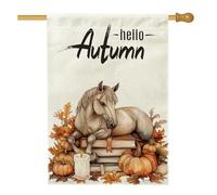 Drapeaux de maison de chevaux d'automne 71,1 x 101,6 cm double face pour extérieur, livre de bougies d'automne, citrouille standard, drapeaux de maison, drapeaux d'animaux de jardin pour décoration