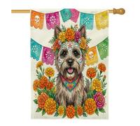 Drapeaux de maison de chien Cairn Terrier Jour des morts 71,1 x 101,6 cm double face pour décoration, motif tête de mort floral sur le devant de la cour, drapeaux mignons en toile de jute pour