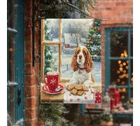 Drapeaux de maison de chien Cavalier King Charles de Noël 71,1 x 101,6 cm pour extérieur, chiot en pain d'épices, drapeaux verticaux standard en lin pour maison, jardin, décoration extérieure