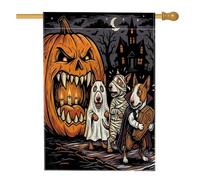 Drapeaux de maison de chien citrouille bull-terrier d'Halloween double face pour extérieur, maison hantée en lin vertical, drapeau de maison, drapeau effrayant avant cour arrière