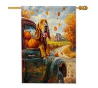 Drapeaux de maison de chien de ferme d'automne avec camion de sanglier, 71,1 x 101,6 cm double face pour extérieur, chiot citrouille d'automne en toile verticale standard, drapeaux de maison