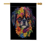 Drapeaux de maison de chien de printemps pékinois 71,1 x 101,6 cm double face pour extérieur, art floral en lin noir, drapeau vertical pour maison, animaux de compagnie, avant cour