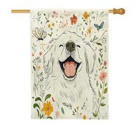 Drapeaux de maison de chien des Pyrénées printanières 71 x 101,6 cm double face, fleurs de dessin animé standard, drapeaux de maison en toile de jute standard, drapeaux de jardin pour animaux de