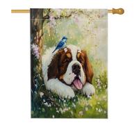 Drapeaux de maison de chien du printemps Saint-Bernard 71,1 x 101,6 cm double face, joli Bluebird forêt avant cour arrière-cour drapeaux verticaux en toile de jute pour animaux de compagnie
