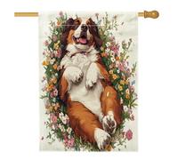 Drapeaux de maison de chien du printemps Saint-Bernard 71,1 x 101,6 cm double face, joli champ de fleurs en toile de jute standard, drapeaux de jardin pour animaux de compagnie, décoration extérieure