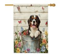 Drapeaux de maison de chien du printemps Saint-Bernard 71,1 x 101,6 cm double face, jolies fleurs rustiques en bois avant cour arrière drapeaux verticaux pour la maison, drapeaux pour animaux de