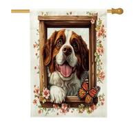Drapeaux de maison de chien du printemps Saint-Bernard 71,1 x 101,6 cm double face pour décoration, fenêtres florales amusantes en toile de jute pour animaux de compagnie, drapeaux décoratifs pour