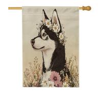 Drapeaux de maison de chien Husky de printemps 71,1 x 101,6 cm double face pour extérieur, beau et esthétique, lin floral vertical, drapeaux de maison, drapeau imprimé pour animaux de compagnie, avant