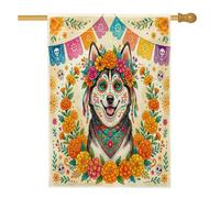 Drapeaux de maison de chien Husky Jour des morts 71,1 x 101,6 cm double face pour décoration, motif tête de mort floral sur le devant de la cour, drapeaux mignons en toile de jute pour décoration de