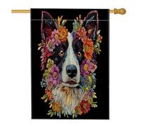 Drapeaux de maison de chien Spring Border Collie 71,1 x 101,6 cm double face pour extérieur, art floral en lin noir, drapeau vertical pour maison, animaux de compagnie, avant cour