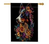 Drapeaux de maison de chien Spring Rough Collie 71,1 x 101,6 cm double face pour extérieur, art floral en lin noir, drapeau vertical pour maison, animal de compagnie, avant cour