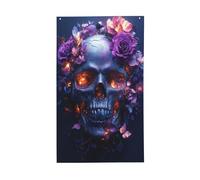 Drapeaux de maison de cour avec têtes de mort et roses violettes, 91 x 152 cm, bannière de vœux avec œillets, décoration d'intérieur ou d'extérieur