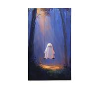 Drapeaux de maison de jardin avec fantôme mignon sur une balançoire, bannière de vœux de saison avec œillets, décoration d'intérieur et d'extérieur