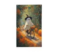 Drapeaux de maison de jardin fantôme mignon à vélo dans la forêt, bannière de vœux de saison avec œillets, décoration d'intérieur et d'extérieur