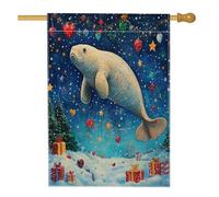 Drapeaux de maison de lamantin de Noël de l'océan 71,1 x 101,6 cm pour extérieur, paysage de Noël fantaisiste en lin vertical, drapeau de maison, vie marine de vacances, devant cour, arrière-cour