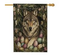 Drapeaux de maison de loup de printemps de Pâques 71,1 x 101,6 cm double face pour extérieur, œufs d'animaux esthétiques vintage en toile verticale standard, drapeau imprimé paysage avant cour arrière