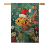 Drapeaux de maison de Noël en forme de poisson doré de 71,1 x 101,6 cm pour extérieur, paysage de mer fantaisie, paysage de Noël vertical, drapeau de maison, vie marine de vacances, devant cour