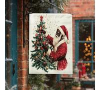 Drapeaux de maison de Père Noël noirs à l'aquarelle 71 x 101,6 cm pour l'extérieur, drapeaux verticaux de Noël afro-américains standard en lin pour maison, vacances, devant cour, arrière-cour imprimée