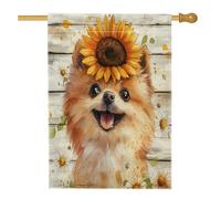 Drapeaux de maison de Poméranie en bois rustique 71 x 101,6 cm double face pour extérieur, tournesol, marguerite, drapeau vertical en toile de lin, drapeau imprimé pour animal de compagnie, devant la