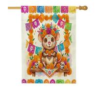 Drapeaux de maison de rat et souris Jour des morts 71,1 x 101,6 cm double face pour décoration, motif tête de mort floral sur le devant de la cour, drapeaux mignons en toile de jute pour décoration de