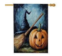Drapeaux de maison de sorcière d'Halloween à balai magique 71,1 x 101,6 cm double face pour l'extérieur, chapeau de sorcière citrouille effrayant en lin vertical en toile pour la maison, drapeau