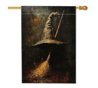 Drapeaux de maison de sorcière d'Halloween à balai magique 71,1 x 101,6 cm double face pour l'extérieur, chapeau de sorcière vintage effrayant en lin vertical, drapeau imprimé rétro effrayant sur le