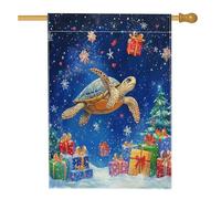 Drapeaux de maison de tortue de mer de Noël 71,1 x 101,6 cm pour extérieur, paysage de Noël fantaisiste en lin vertical, drapeau de maison, vie marine de vacances, devant cour, arrière-cour imprimée