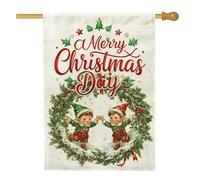 Drapeaux de maison d'elfe de Noël d'hiver 71,1 x 101,6 cm pour extérieur, couronne de Noël aquarelle standard en lin vertical, drapeaux de maison, vacances, Nouvel An, cour, arrière-cour imprimée