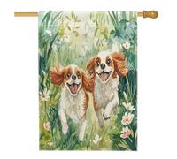 Drapeaux de maison d'épagneul Cavalier King Charles 71,1 x 101,6 cm double face, joli motif floral avant cour arrière drapeaux verticaux pour la maison, drapeaux en toile de jute pour chien