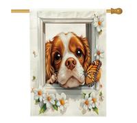 Drapeaux de maison d'épagneul Cavalier King Charles de printemps 71,1 x 101,6 cm double face, fenêtres florales standard en toile de jute pour maison, drapeaux de jardin pour chien, décoration