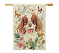 Drapeaux de maison d'épagneul Cavalier King Charles de printemps 71,1 x 101,6 cm double face, fleurs de dessin animé standard en toile de jute pour maison, drapeaux de jardin pour chien, décoration