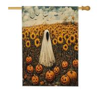 Drapeaux de maison d'Halloween fantômes citrouilles 71 x 101,6 cm double face, tournesols vintage effrayants en toile de jute standard, drapeaux fantômes de jardin pour décoration extérieure