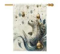 Drapeaux de maison en forme de phoque de Noël de 71,1 x 101,6 cm pour extérieur, paysage de Noël fantaisiste en lin vertical, drapeau de maison, vie marine de vacances, devant cour, arrière-cour