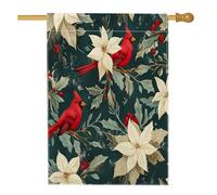 Drapeaux de maison en poinsettia Merry Christmas - 71,1 x 101,6 cm - Double face pour l'extérieur, décoration de cour et de cour - Cardinal de Noël bizarre standard - Pour maison, vacances, Nouvel An