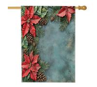 Drapeaux de maison en poinsettia Merry Christmas - 71,1 x 101,6 cm - Double face pour l'extérieur, pommes de pin - Toile verticale standard - Décoration de maison, vacances, Nouvel An, cour