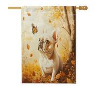 Drapeaux de maison en toile de jute avec bouledogue français d'automne, 71 x 101,6 cm, double face pour l'extérieur, drapeaux amusants en lin de forêt d'automne pour animaux domestiques, drapeau de