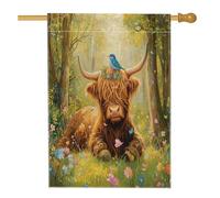 Drapeaux de maison en toile de jute avec vaches des Highlands de printemps - 71,1 x 101,6 cm - Double face pour extérieur, jolis drapeaux de la forêt de merle bleu - Drapeau animal pour porche