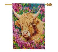 Drapeaux de maison en toile de jute de vaches Highland - 71,1 x 101,6 cm - Double face pour l'extérieur, peinture à l'huile - Fleurs de pêche - Drapeaux en lin - Drapeau animal pour porche