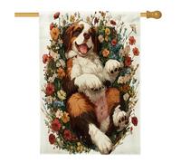 Drapeaux de maison en toile de jute pour jardin, jardin et chien du printemps Saint-Bernard, 71 x 101,6 cm, double face pour extérieur, joli champ de fleurs, drapeaux de maison, drapeau de porche
