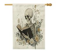 Drapeaux de maison esthétiques squelette d'Halloween 71,1 x 101,6 cm pour l'extérieur, tête de mort rétro rétro standard en lin, drapeaux de maison, vintage, gothique, avant et arrière-cour imprimés